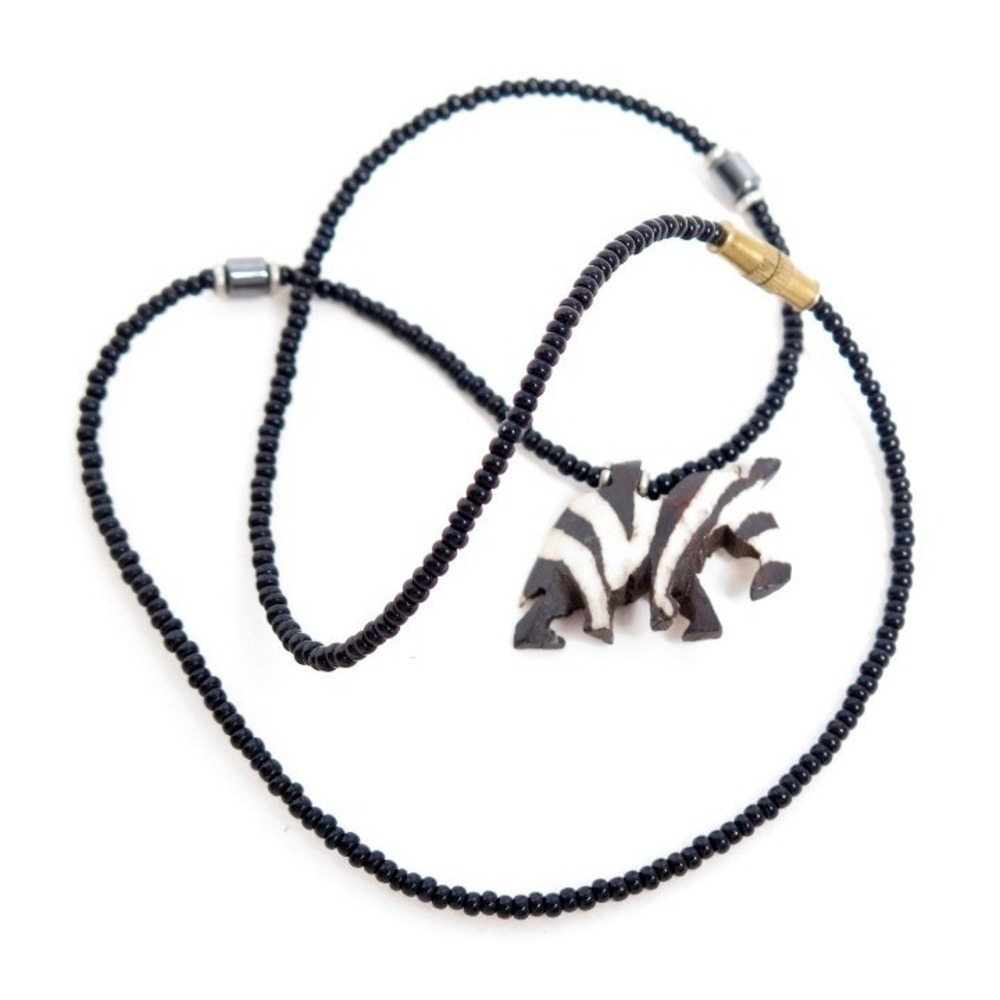 Vintage Black Glass Seed Bead‎ ZEBRA Pendant Necklace 18"
